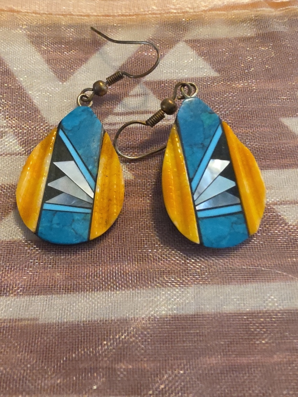 Turquoise & Yellow Inlay Teardrop Earrings - Unbranded